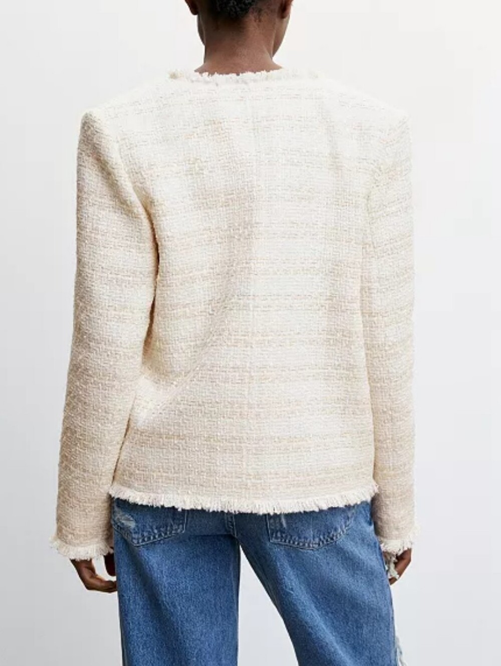 Mango Cream Tweed Collarless Jacket with Ruffle Cuffs (Removable) - Picture 4 of 15